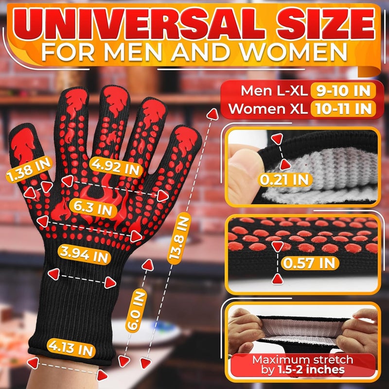 V TOWER BBQ Gloves - 1472 °F 6 Sec. Heat Resistant Gloves for Cooking Made of Aramid Fabric with Anti-Slip Silicone, Double-Layer Insulation, and Elastic Band - for Grilling, Baking and Kitchen Use - Image 2